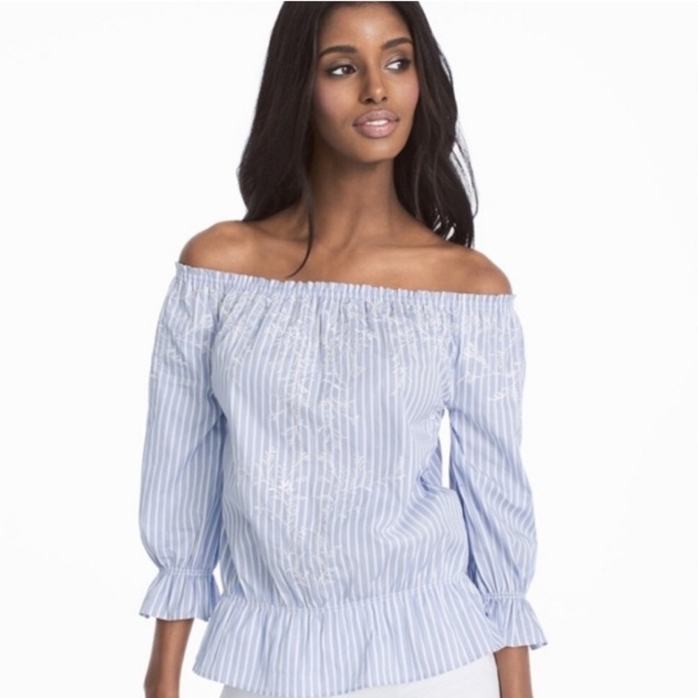 NWT White House Black Market Blue White Embroidered Blouse Off-the-Shoulder Top